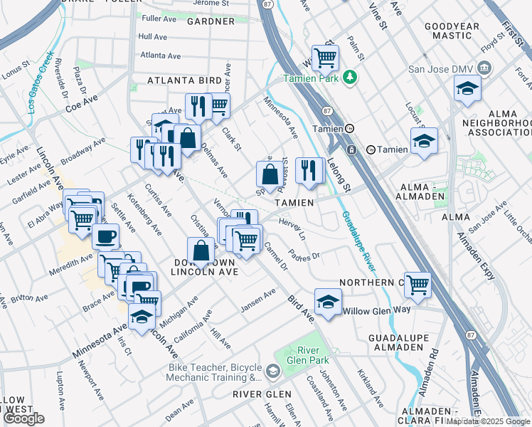map of restaurants, bars, coffee shops, grocery stores, and more near 709 Minnesota Avenue in San Jose