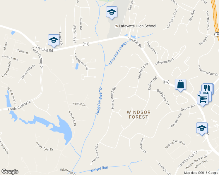 map of restaurants, bars, coffee shops, grocery stores, and more near 208 Hempstead Road in Williamsburg