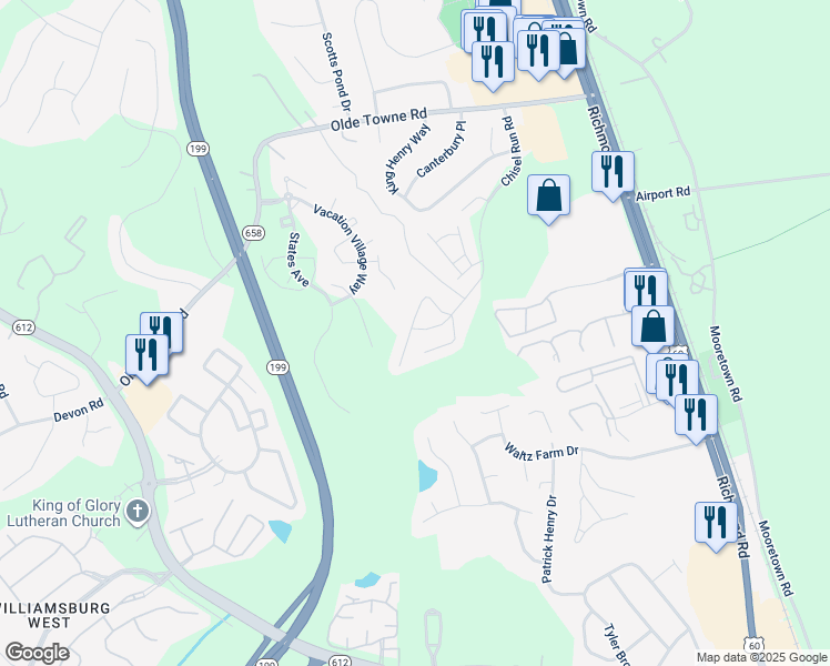 map of restaurants, bars, coffee shops, grocery stores, and more near 5361 Gardner Court in Williamsburg