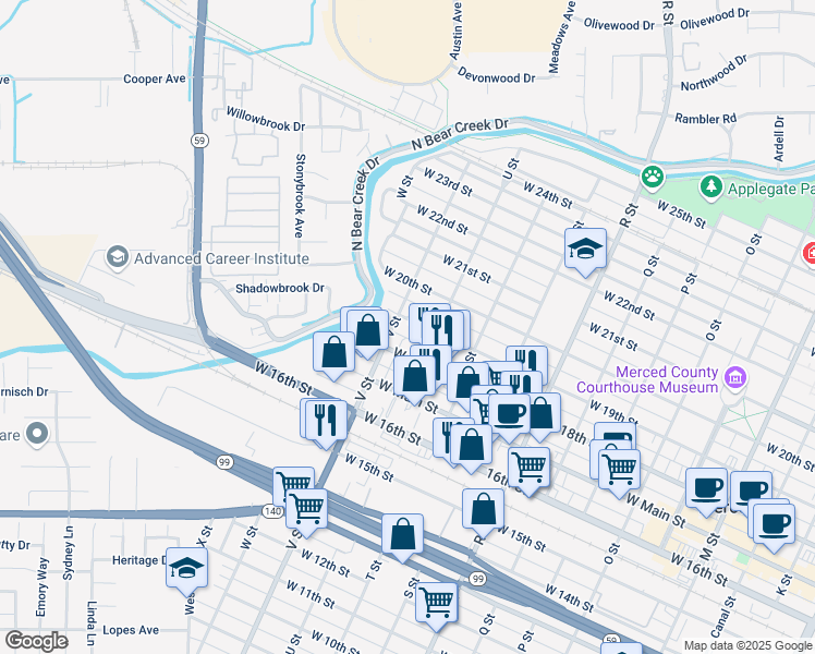map of restaurants, bars, coffee shops, grocery stores, and more near 1446 West 19th Street in Merced