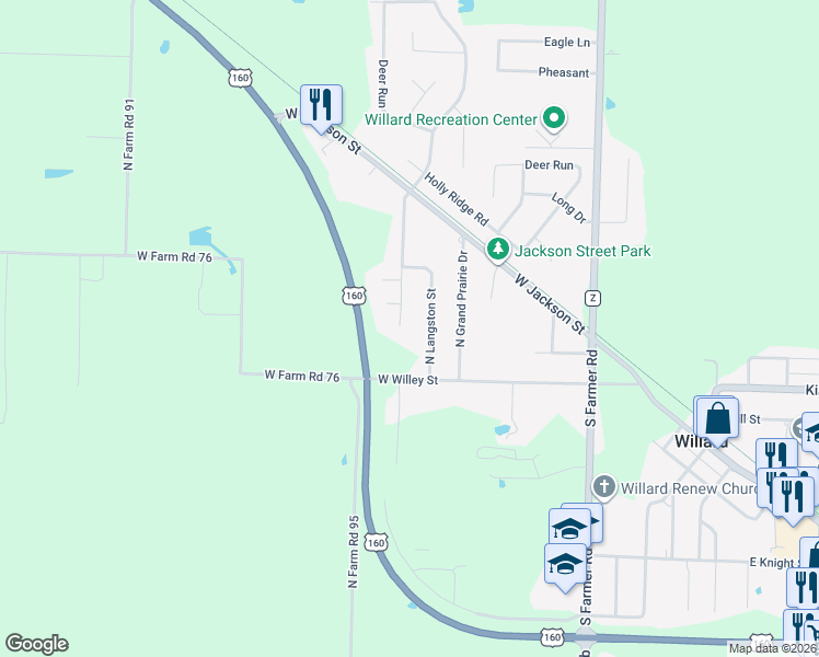 map of restaurants, bars, coffee shops, grocery stores, and more near 107 North Langston Street in Willard