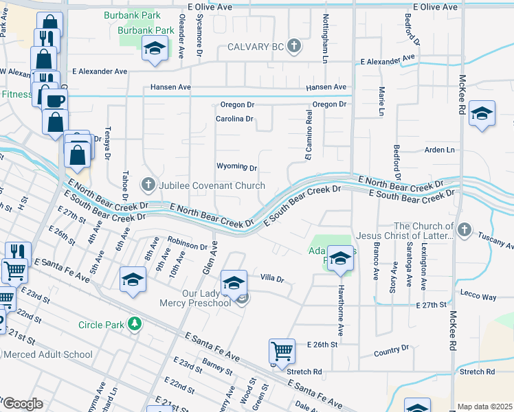 map of restaurants, bars, coffee shops, grocery stores, and more near 2805 Forist Lane in Merced