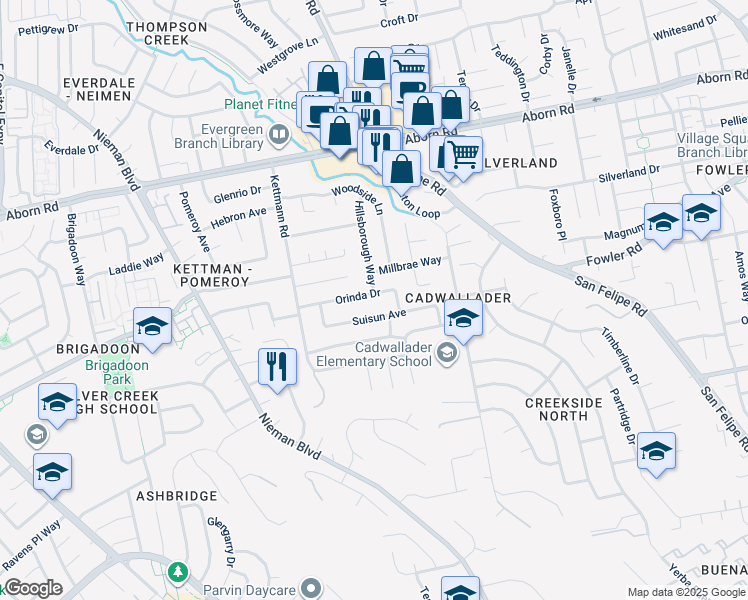 map of restaurants, bars, coffee shops, grocery stores, and more near 2652 Orinda Drive in San Jose