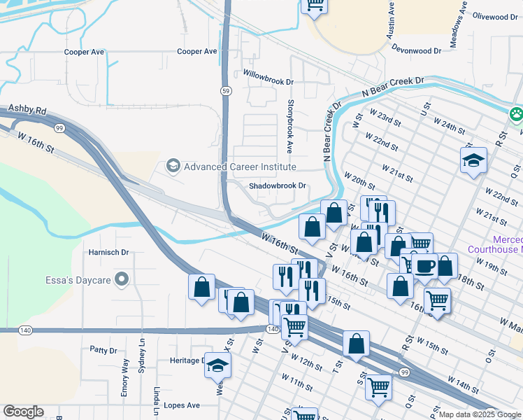 map of restaurants, bars, coffee shops, grocery stores, and more near 1705 West North Bear Creek Drive in Merced