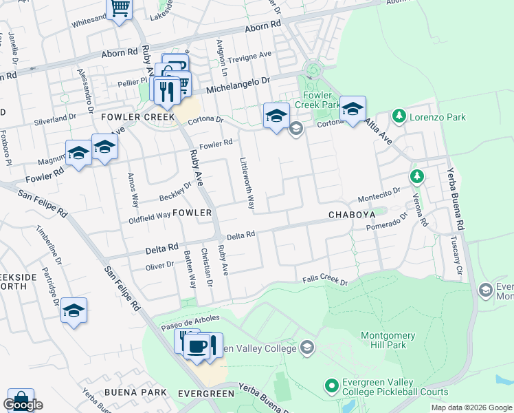 map of restaurants, bars, coffee shops, grocery stores, and more near 4209 Littleworth Way in San Jose