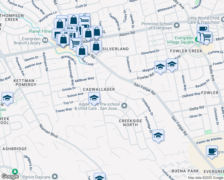 map of restaurants, bars, coffee shops, grocery stores, and more near 3756 Yerba Buena Avenue in San Jose