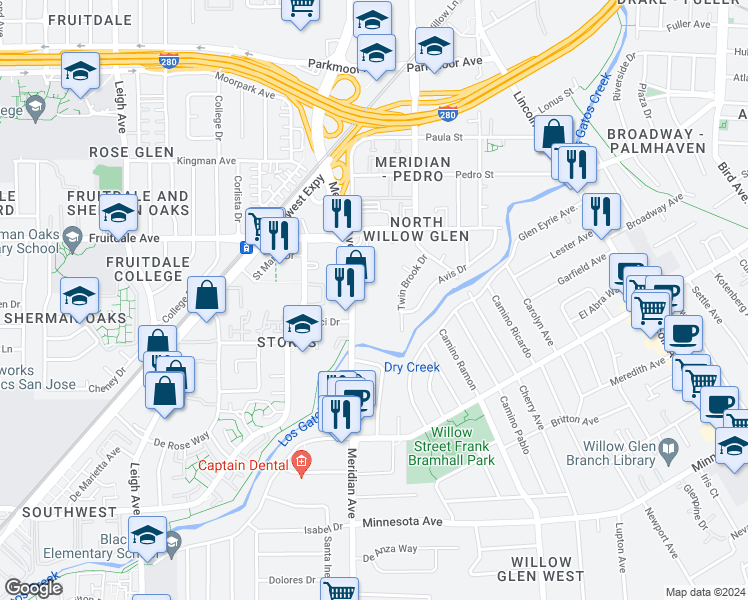map of restaurants, bars, coffee shops, grocery stores, and more near 990 Meridian Avenue in San Jose