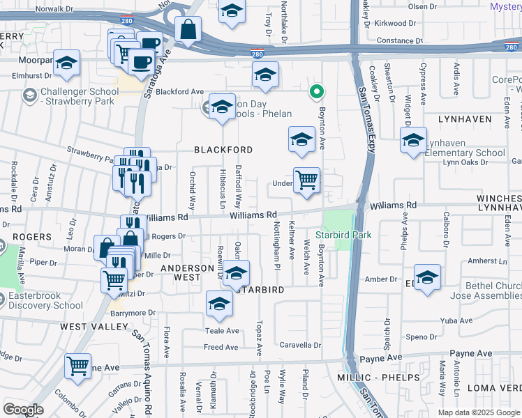 map of restaurants, bars, coffee shops, grocery stores, and more near 3920 Williams Road in San Jose