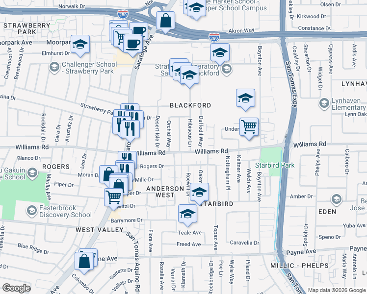 map of restaurants, bars, coffee shops, grocery stores, and more near 4010 Williams Road in San Jose