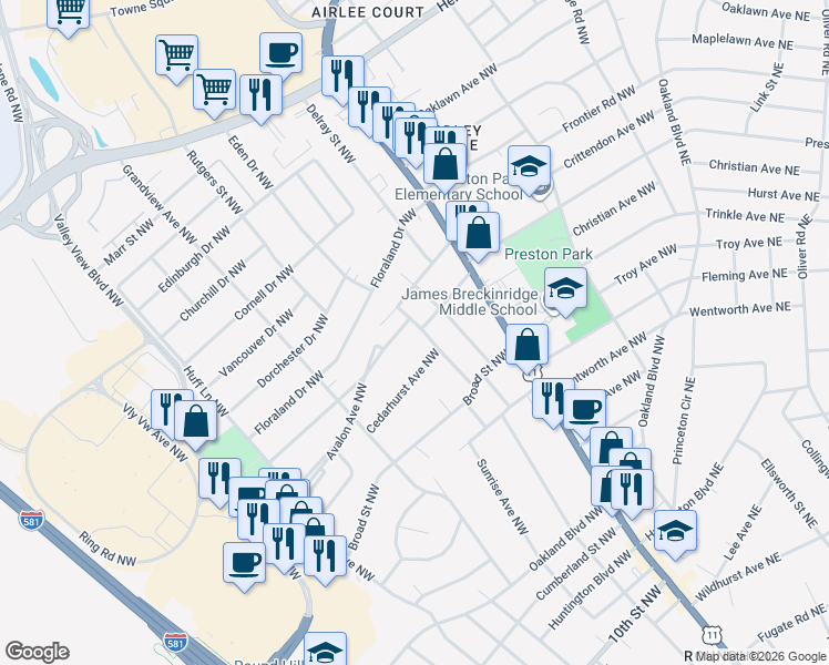map of restaurants, bars, coffee shops, grocery stores, and more near 4002 Richland Ave NW in Roanoke