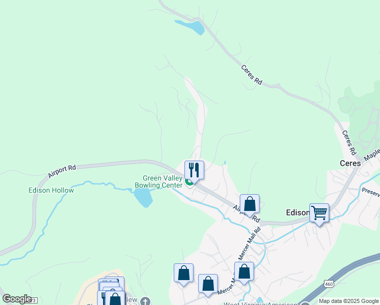 map of restaurants, bars, coffee shops, grocery stores, and more near 205 Mountaineer Lane in Bluefield