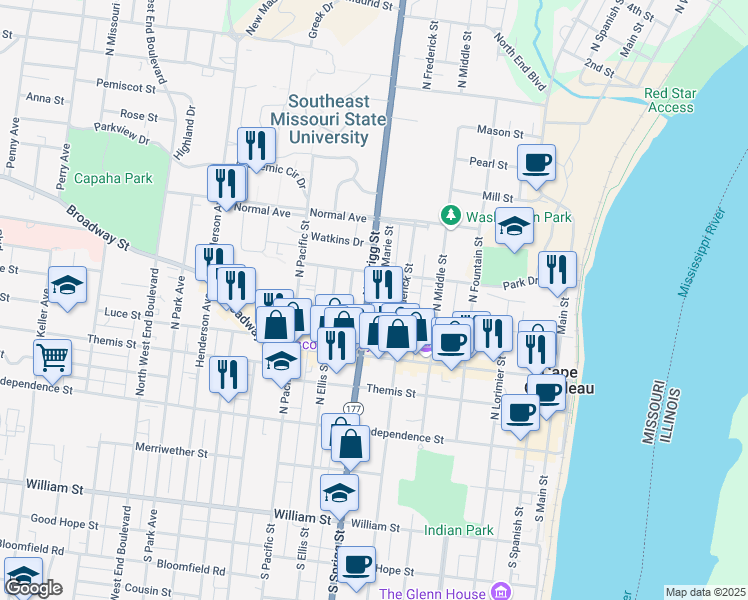 map of restaurants, bars, coffee shops, grocery stores, and more near 625 Bellevue Street in Cape Girardeau