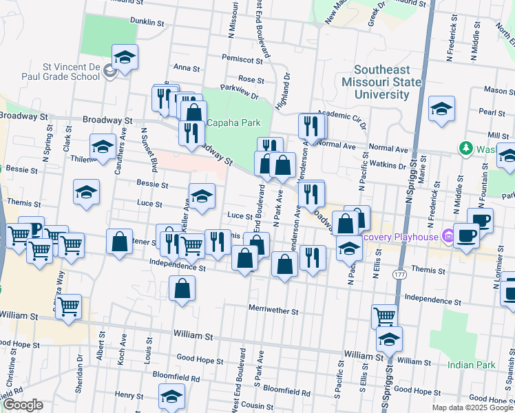 map of restaurants, bars, coffee shops, grocery stores, and more near 1417 Luce Street in Cape Girardeau