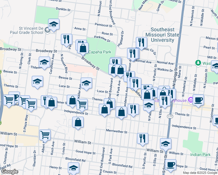 map of restaurants, bars, coffee shops, grocery stores, and more near 319 North West End Boulevard in Cape Girardeau