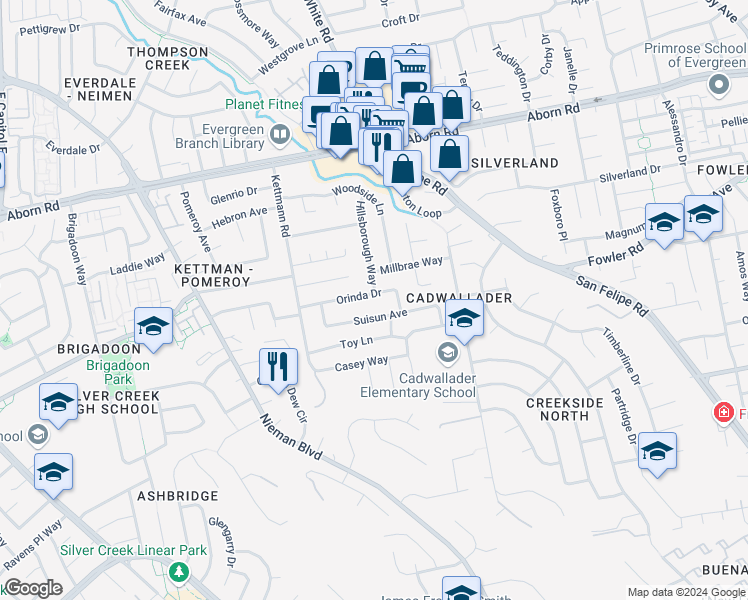 map of restaurants, bars, coffee shops, grocery stores, and more near 2652 Orinda Drive in San Jose