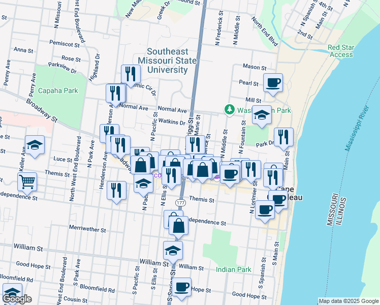 map of restaurants, bars, coffee shops, grocery stores, and more near 316 North Sprigg Street in Cape Girardeau