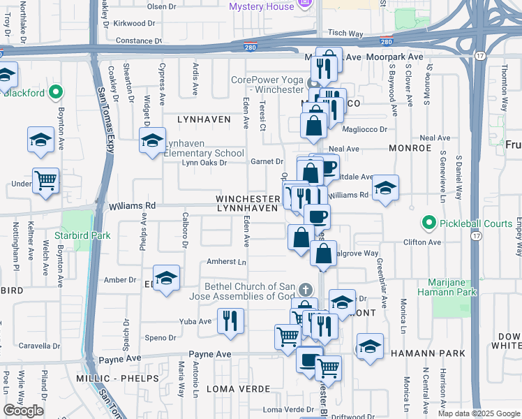 map of restaurants, bars, coffee shops, grocery stores, and more near 3220 Williams Road in San Jose