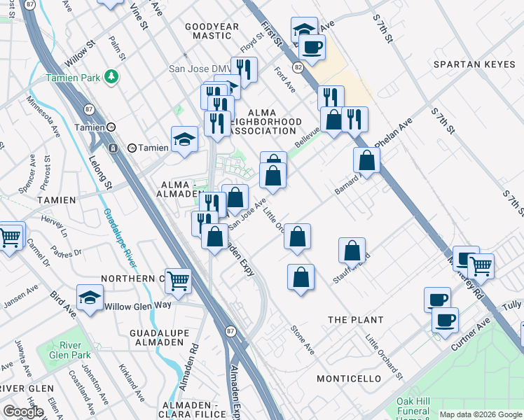 map of restaurants, bars, coffee shops, grocery stores, and more near 1655 Little Orchard Street in San Jose