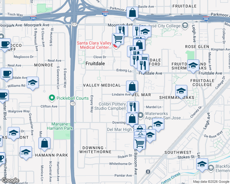 map of restaurants, bars, coffee shops, grocery stores, and more near 2344 Lindaire Avenue in San Jose