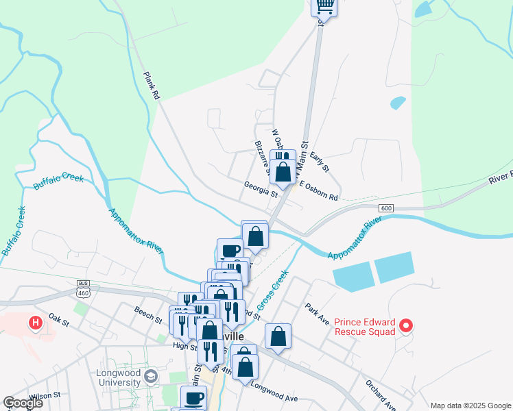 map of restaurants, bars, coffee shops, grocery stores, and more near 105 Old Plank Rd in Farmville
