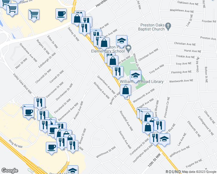 map of restaurants, bars, coffee shops, grocery stores, and more near 3923 Greenlawn Avenue Northwest in Roanoke