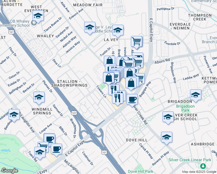 map of restaurants, bars, coffee shops, grocery stores, and more near 136 Lexann Avenue in San Jose