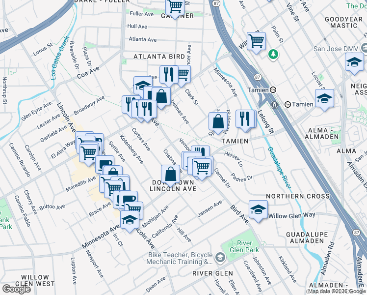 map of restaurants, bars, coffee shops, grocery stores, and more near 1295 Vernon Avenue in San Jose