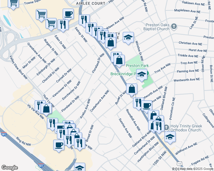 map of restaurants, bars, coffee shops, grocery stores, and more near 4013 Richland Avenue Northwest in Roanoke