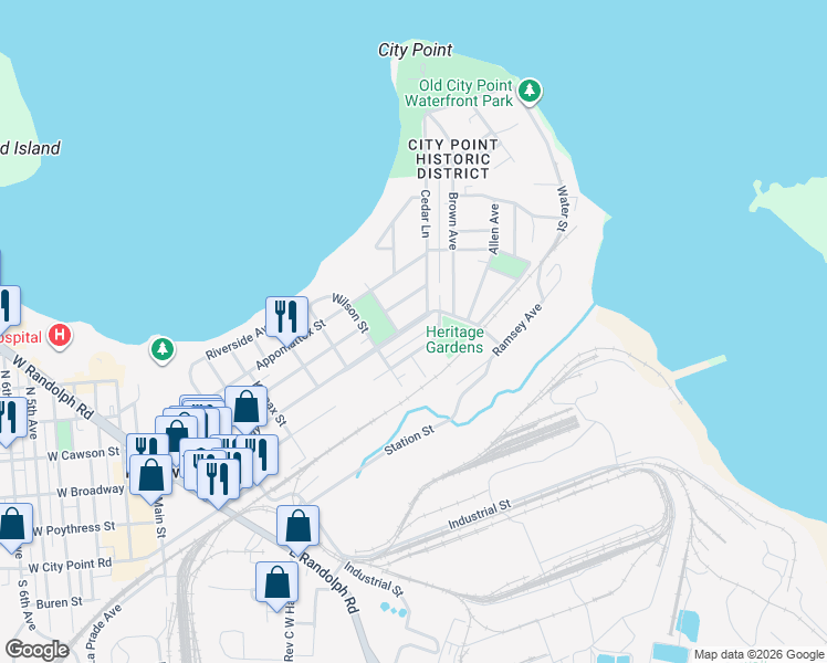 map of restaurants, bars, coffee shops, grocery stores, and more near 806 East Poythress Street in Hopewell
