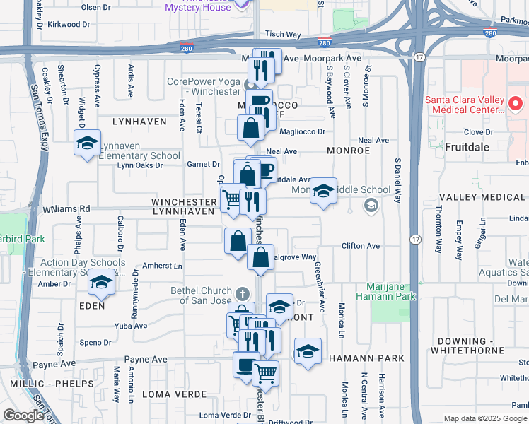 map of restaurants, bars, coffee shops, grocery stores, and more near 1025 Winchester Boulevard in San Jose
