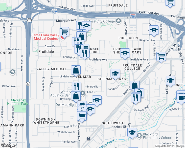 map of restaurants, bars, coffee shops, grocery stores, and more near 2085 Lynnhaven Drive in San Jose