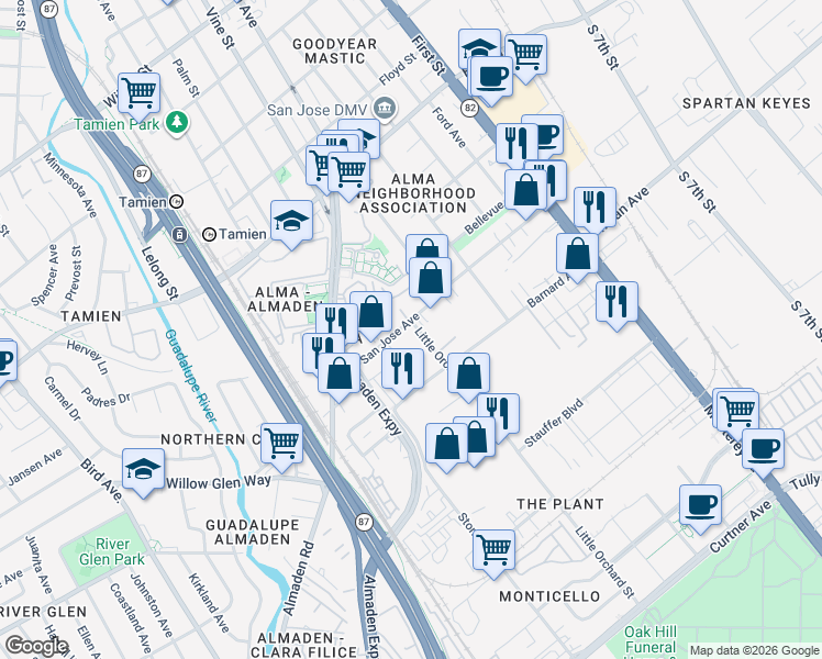 map of restaurants, bars, coffee shops, grocery stores, and more near 270 San Jose Avenue in San Jose