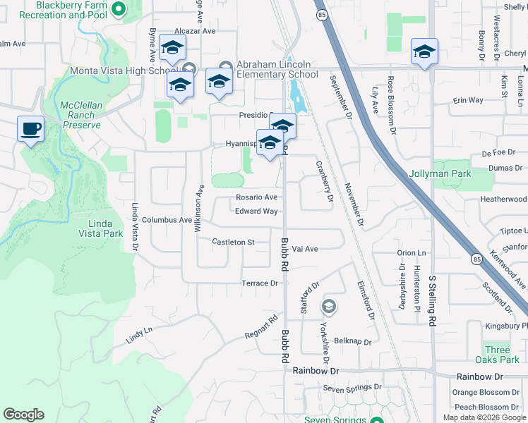 map of restaurants, bars, coffee shops, grocery stores, and more near 21591 Columbus Avenue in Cupertino