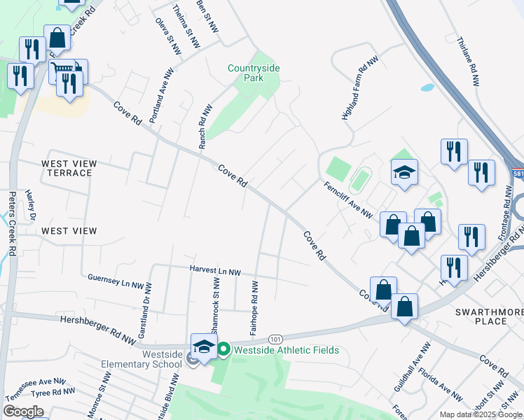 map of restaurants, bars, coffee shops, grocery stores, and more near 1957 Fairhope Road Northwest in Roanoke