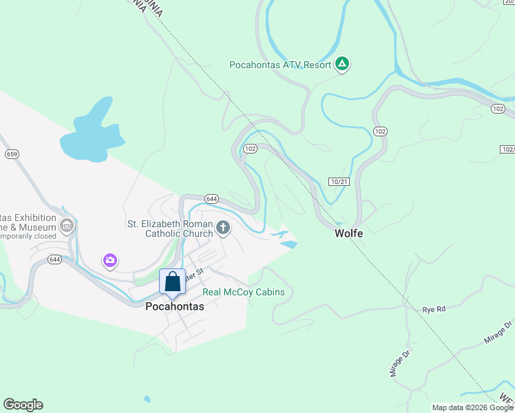 map of restaurants, bars, coffee shops, grocery stores, and more near Virginia 102 in Pocahontas