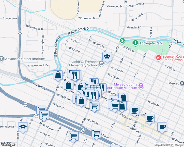 map of restaurants, bars, coffee shops, grocery stores, and more near 1215 West 20th Street in Merced