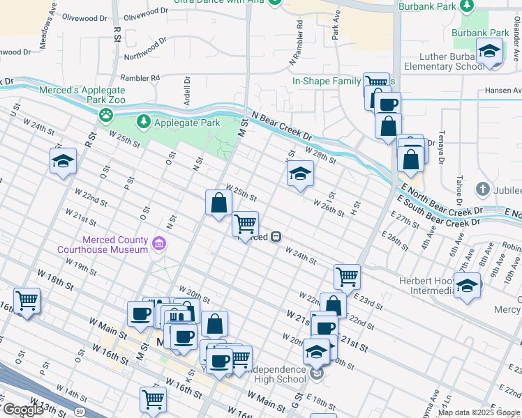 map of restaurants, bars, coffee shops, grocery stores, and more near 408 West 25th Street in Merced