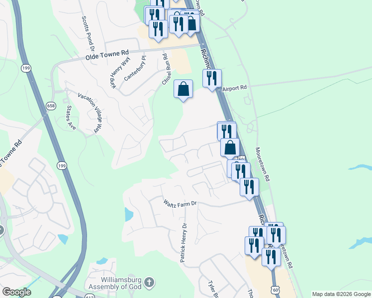 map of restaurants, bars, coffee shops, grocery stores, and more near 84 Desmonde Drive in Williamsburg