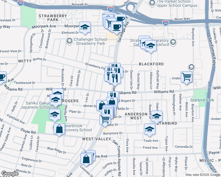 map of restaurants, bars, coffee shops, grocery stores, and more near 1005 Saratoga Avenue in San Jose