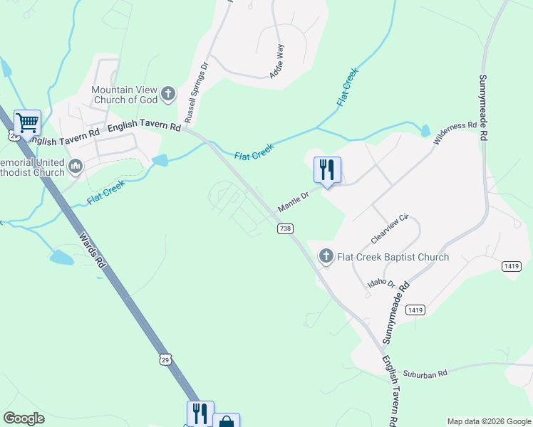 map of restaurants, bars, coffee shops, grocery stores, and more near 15 Jasper Circle in Lynchburg