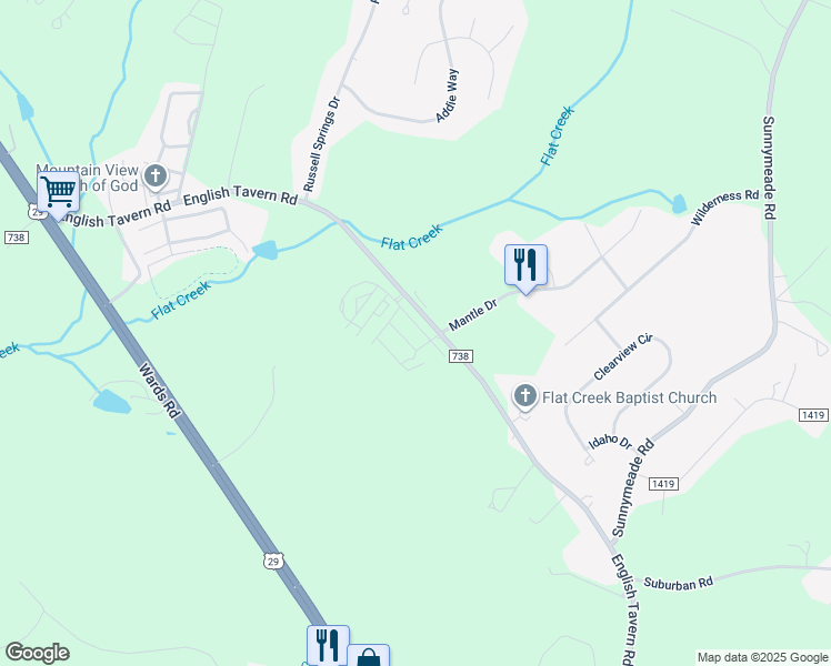 map of restaurants, bars, coffee shops, grocery stores, and more near 86 English Commons Drive in Lynchburg
