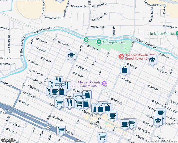 map of restaurants, bars, coffee shops, grocery stores, and more near 826 West 22nd Street in Merced
