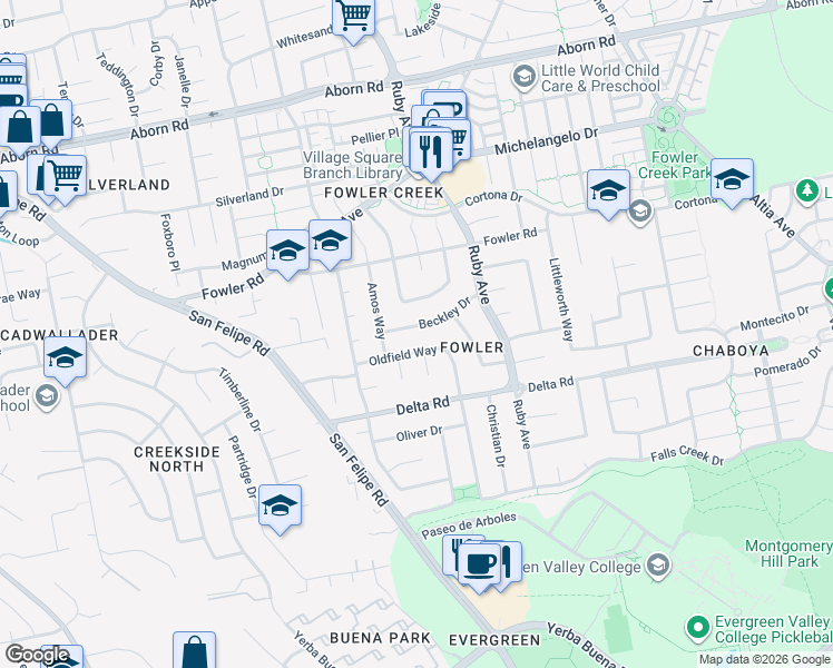map of restaurants, bars, coffee shops, grocery stores, and more near 4123 Snowbank Court in San Jose