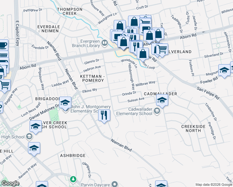 map of restaurants, bars, coffee shops, grocery stores, and more near 2568 Suisun Avenue in San Jose