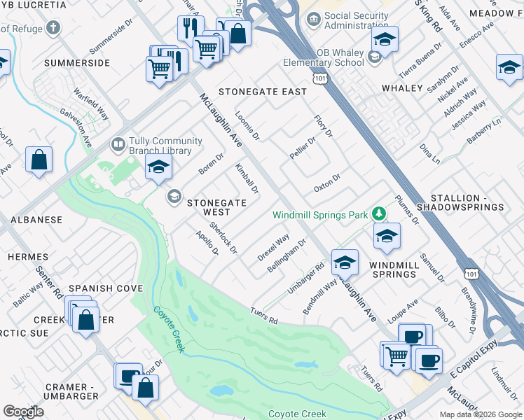 map of restaurants, bars, coffee shops, grocery stores, and more near 1097 Cheswick Drive in San Jose