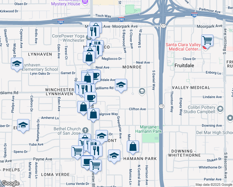 map of restaurants, bars, coffee shops, grocery stores, and more near 2980 Van Sansul Avenue in San Jose