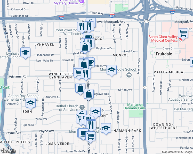 map of restaurants, bars, coffee shops, grocery stores, and more near 3046 Van Sansul Avenue in San Jose