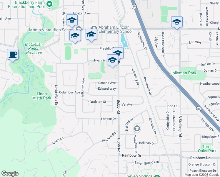 map of restaurants, bars, coffee shops, grocery stores, and more near 21591 Columbus Avenue in Cupertino