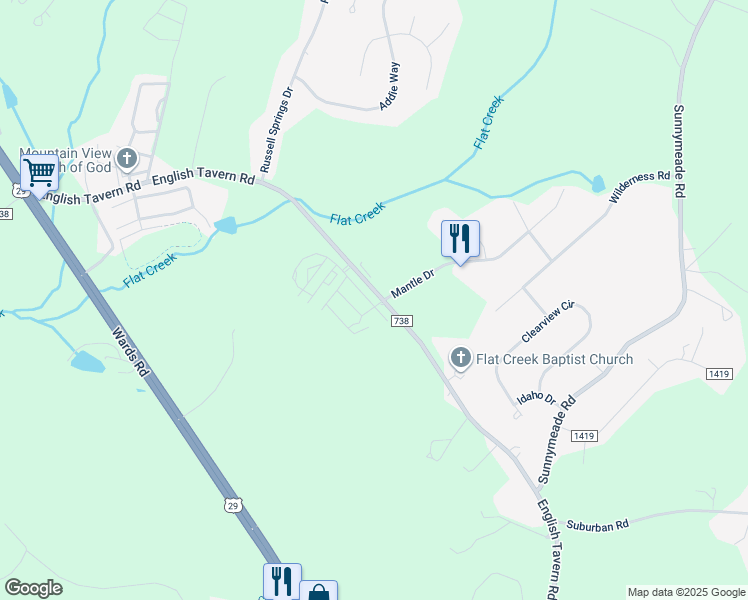 map of restaurants, bars, coffee shops, grocery stores, and more near 15 Jasper Circle in Lynchburg
