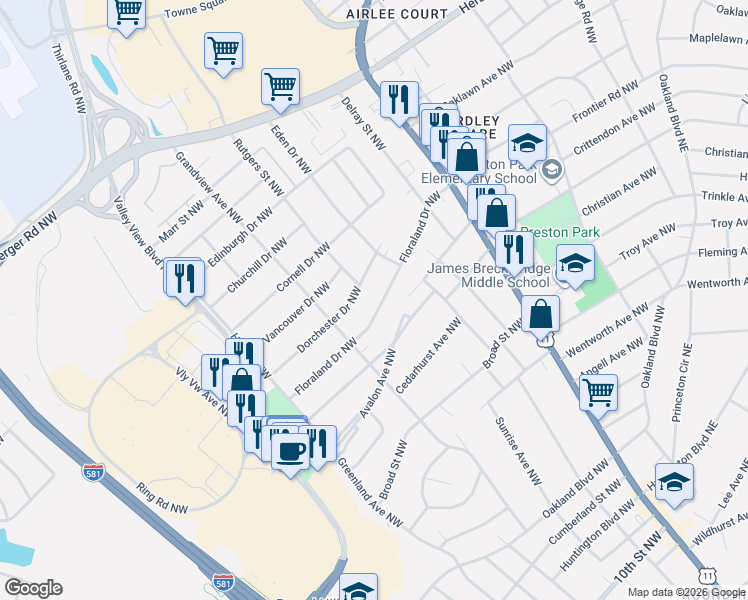 map of restaurants, bars, coffee shops, grocery stores, and more near 2639 Floraland Dr NW in Roanoke